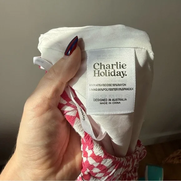 Charlie Holiday Addison Pink & White Wavy Checkered Printed Pants 4 - Picture 8 of 8